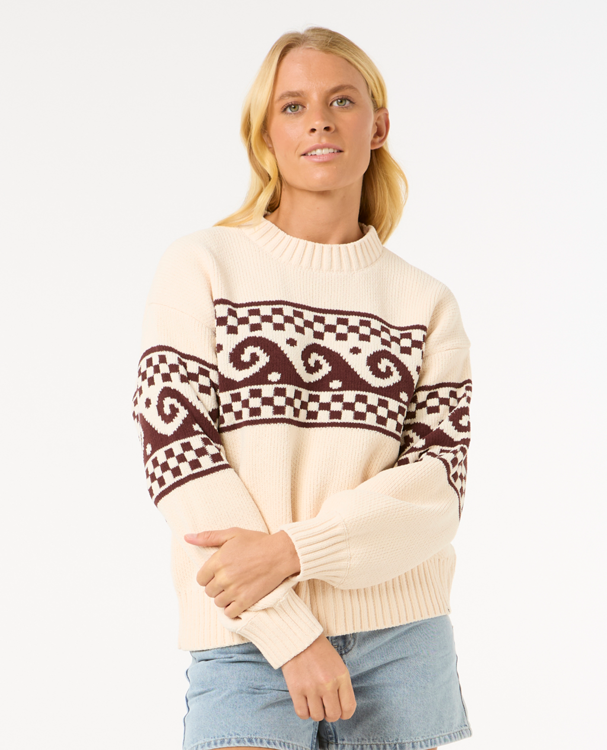 Rip Curl Soleil Knit Crew in BROWN/OFF WHITE