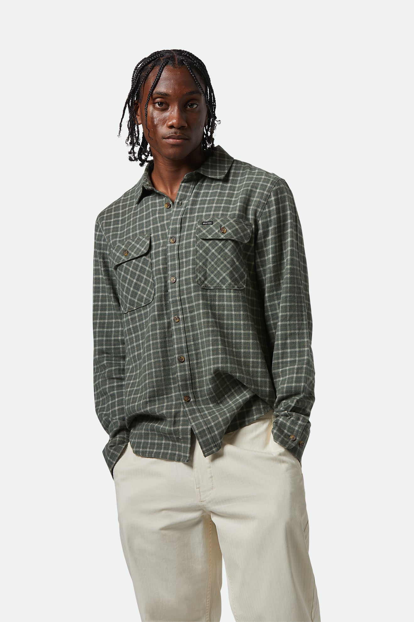 Brixton Bowery Lw Ultra Flannel in IVY GREEN/WHITECAP