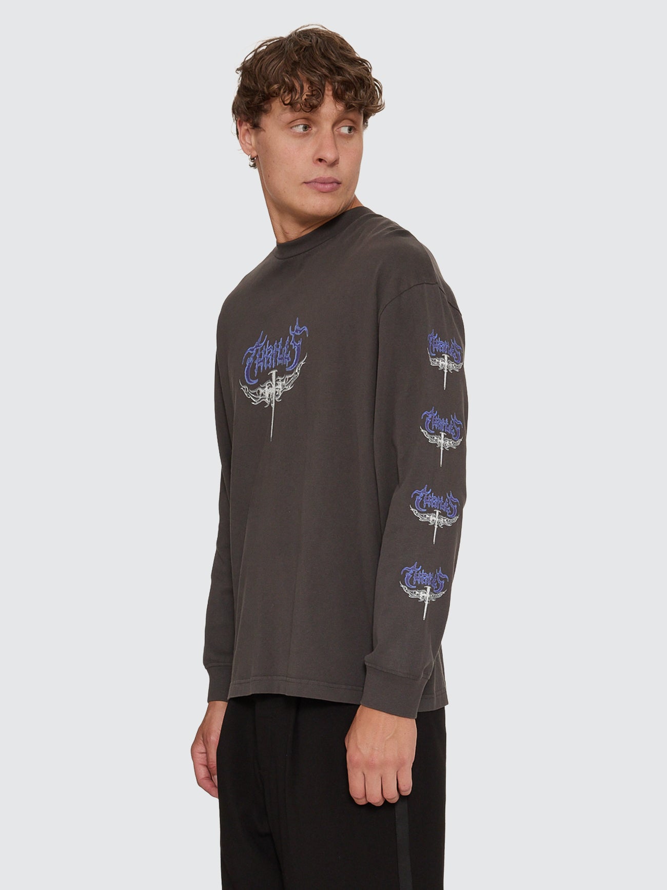 Thrills Co Into The Void Oversize Box Crop Long Sleeve Tee - Dark Merch Black in Dark Merch Black