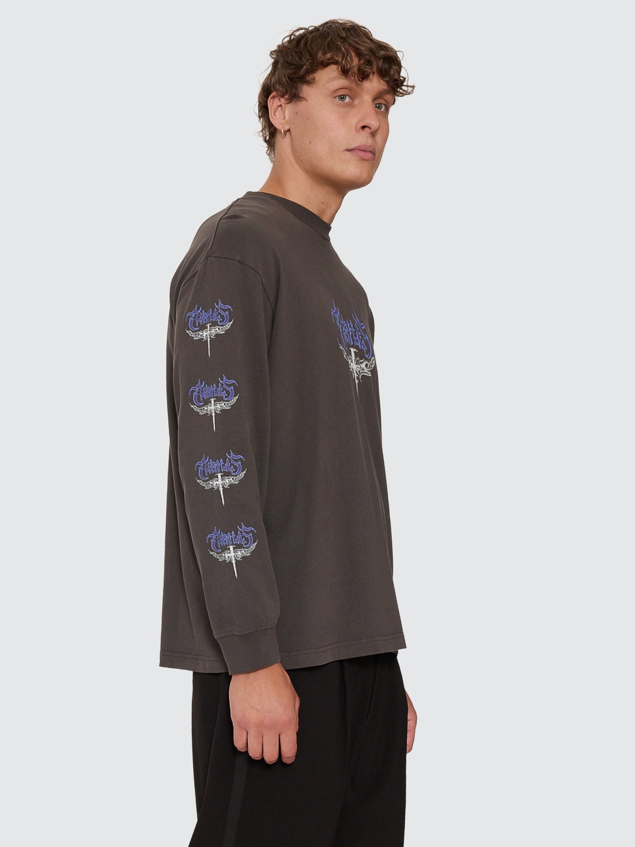 Thrills Co Into The Void Oversize Box Crop Long Sleeve Tee - Dark Merch Black in Dark Merch Black
