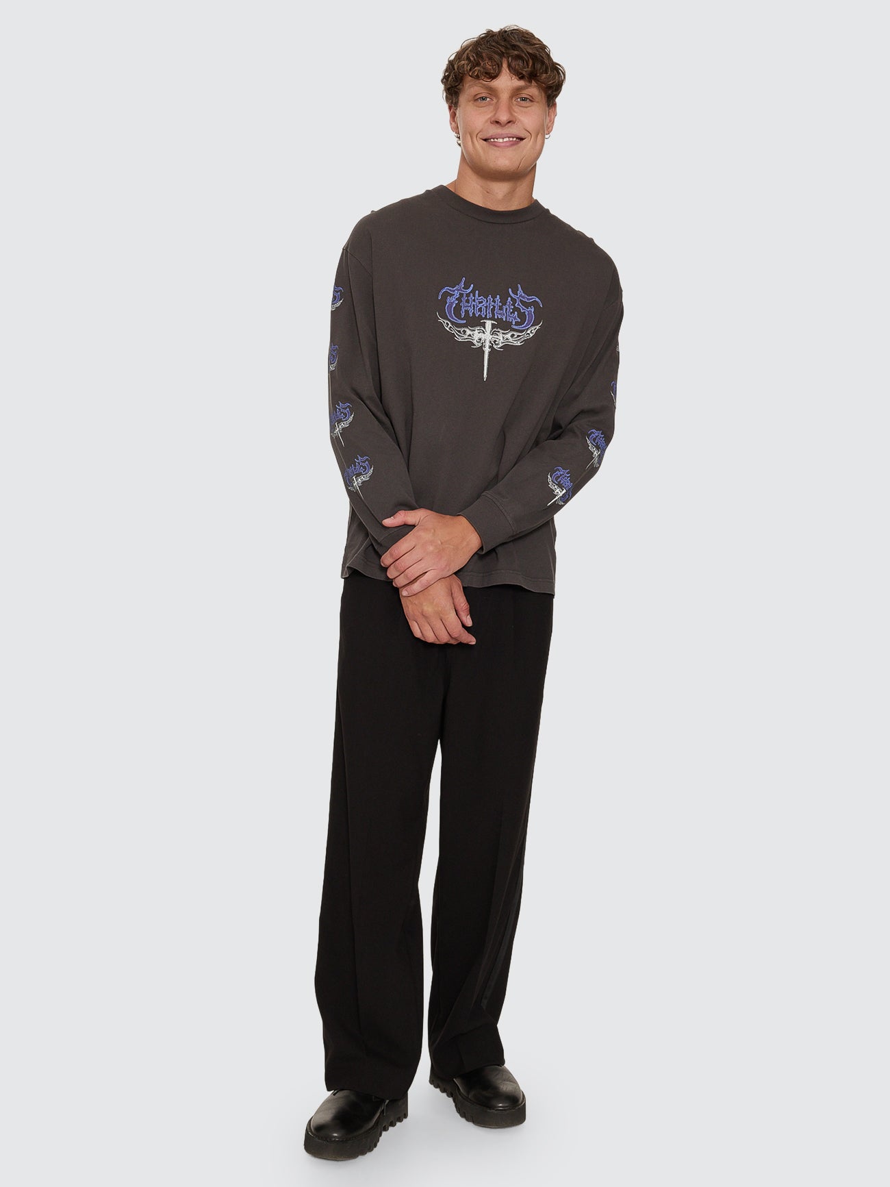 Thrills Co Into The Void Oversize Box Crop Long Sleeve Tee - Dark Merch Black in Dark Merch Black