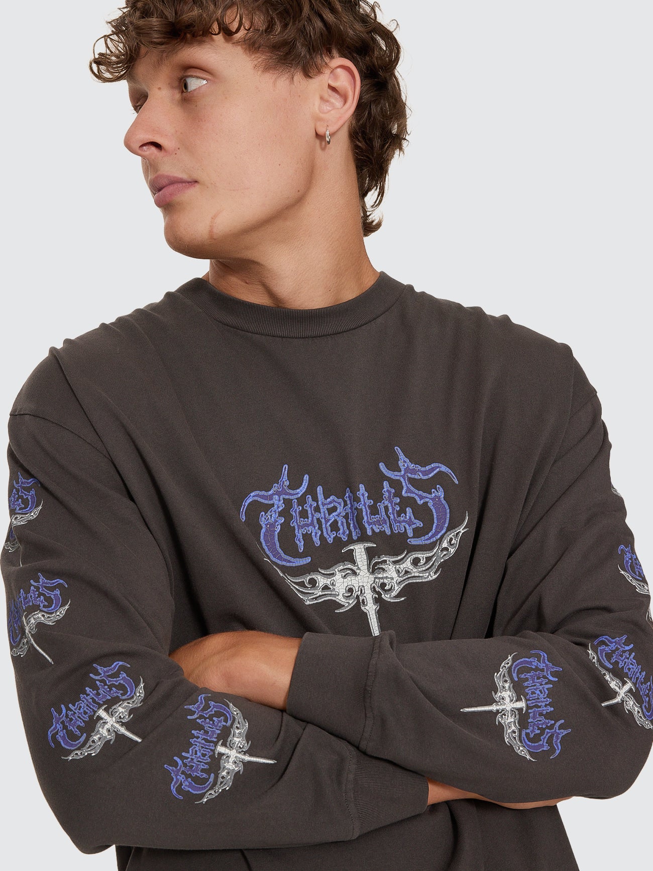 Thrills Co Into The Void Oversize Box Crop Long Sleeve Tee - Dark Merch Black in Dark Merch Black