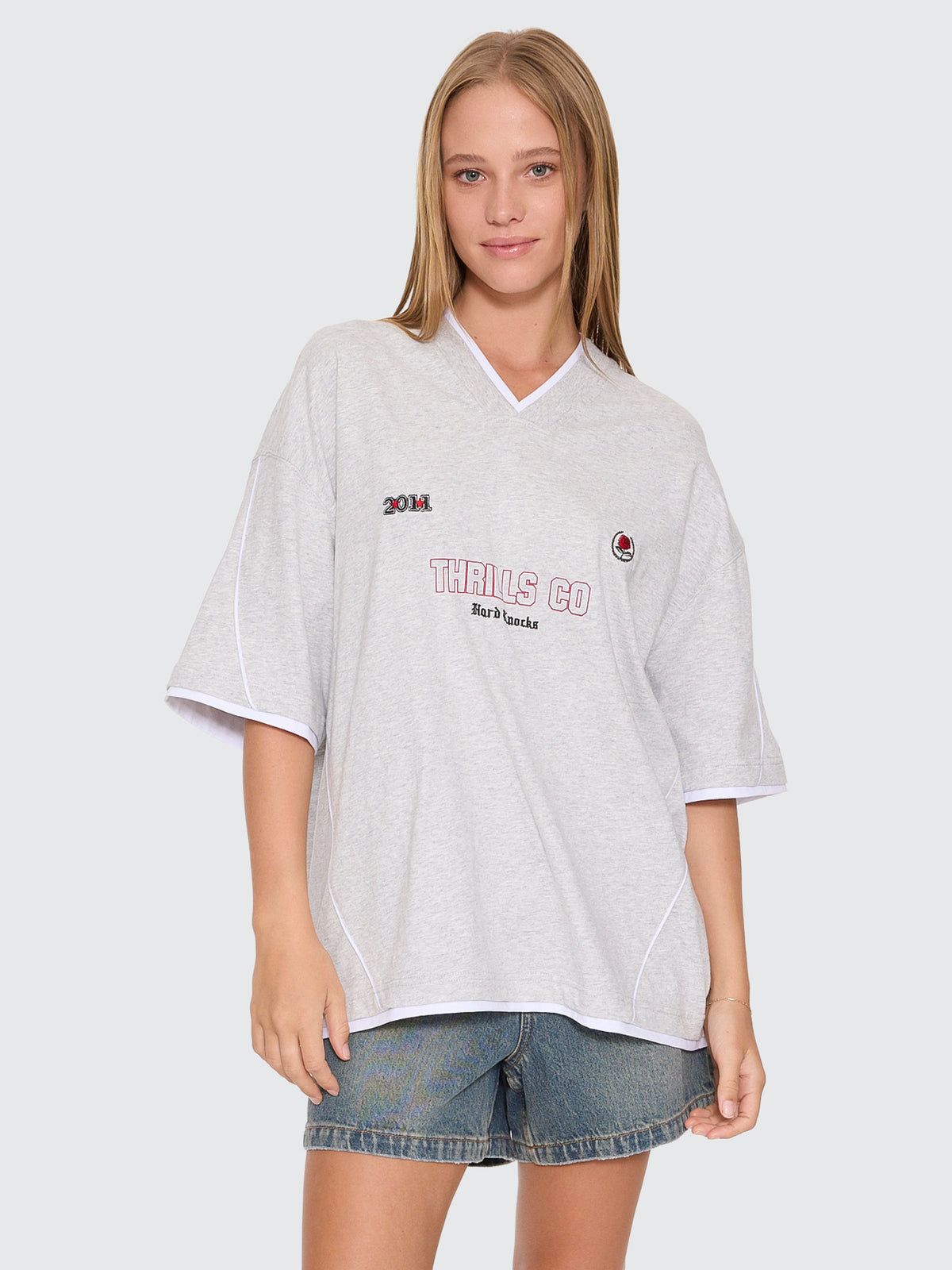 Thrills Co Tournament Of Roses V Neck Oversized Tee - Snow Marle in Snow Marle