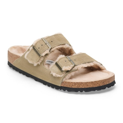 Birkenstock Arizona Shearling Taupe Suede Leather/Shearling Narrow in Taupe Suede