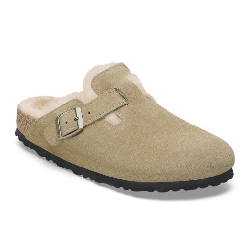 Birkenstock Boston Shearling Taupe Suede Leather/Shearling Narrow in Taupe Suede