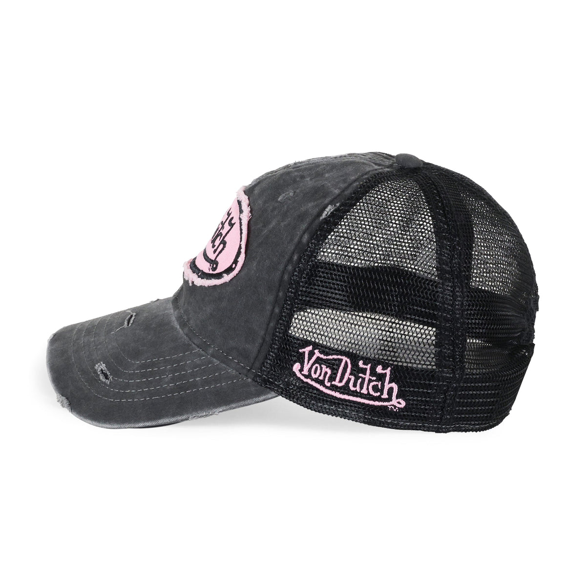 Von Dutch Distressed Trucker Hat Black Pink in Black-Pink