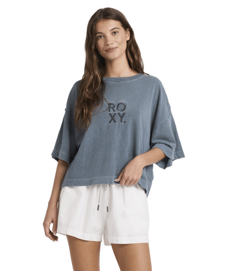 Roxy Warm Ups Oversized Crop Tee in DARK SLATE