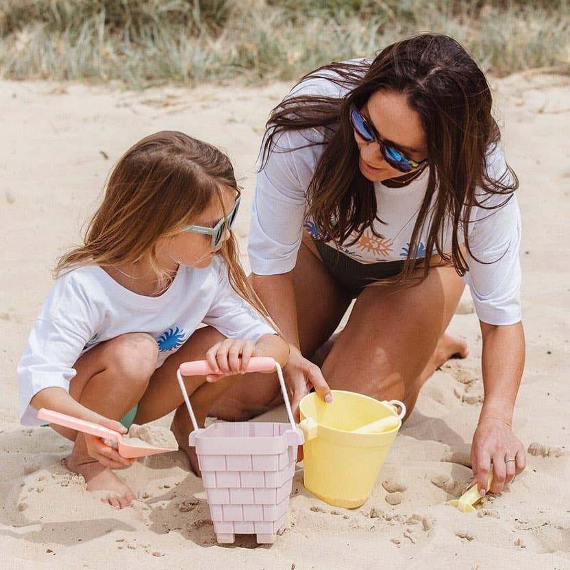 Coast Kids Silicone Beach Bucket - Clovelly Castle in tan with sage handle