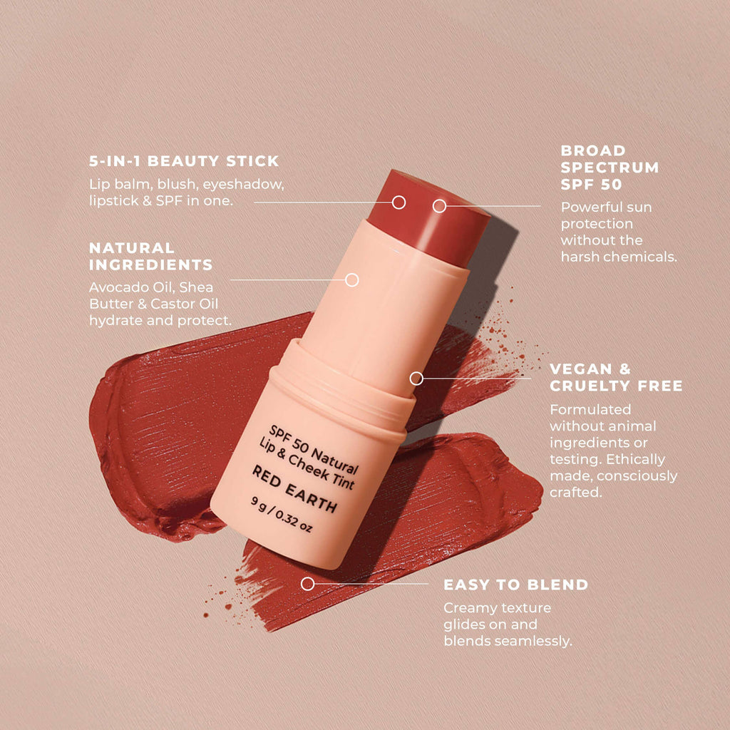 Avocado Zinc Spf 50 Natural Lip & Cheek Tint in Red Earth