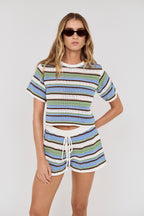 Minkpink BELLISE CROCHET CROPPED TEE in MULTI STRIPE