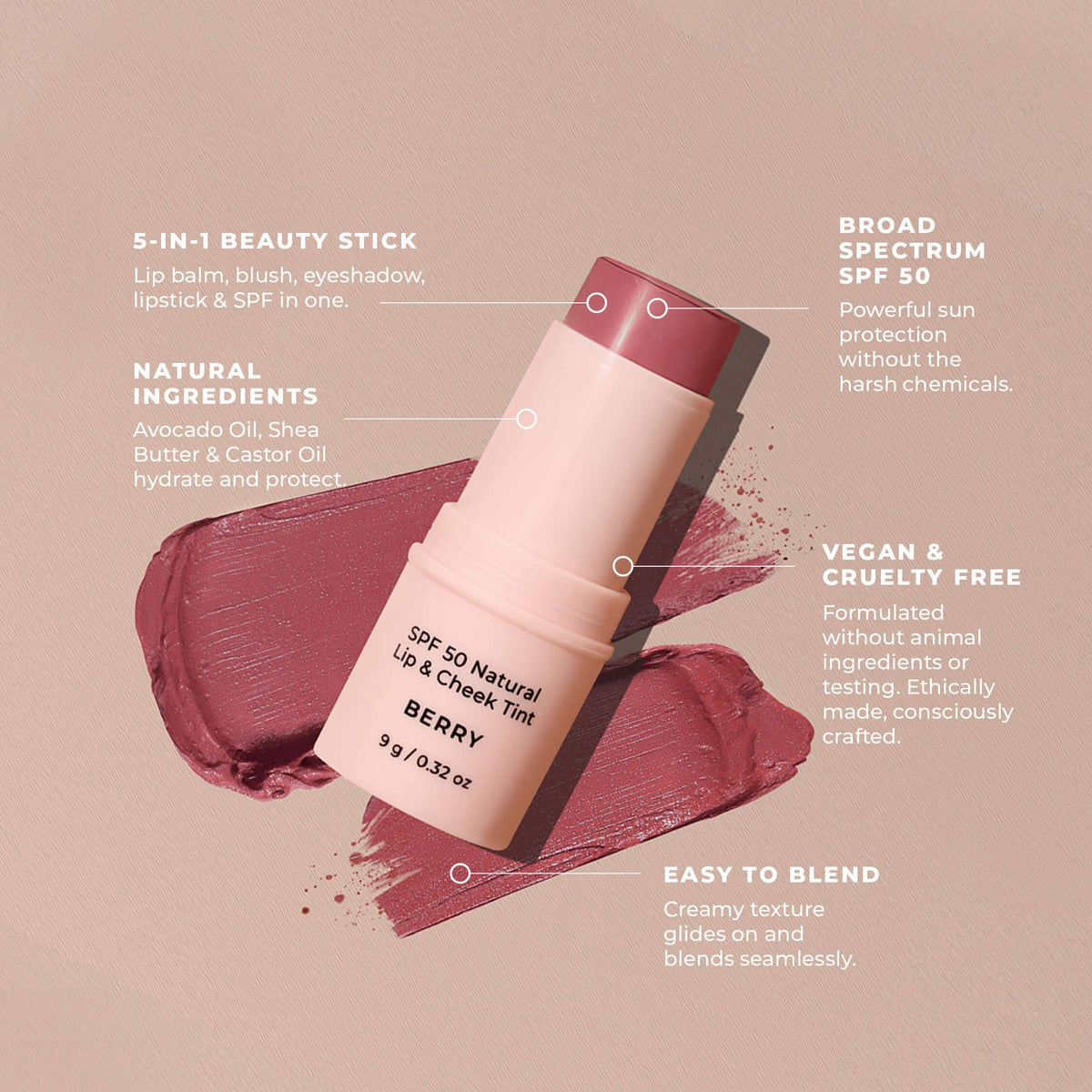 Avocado Zinc Spf 50 Natural Lip & Cheek Tint in Red Earth