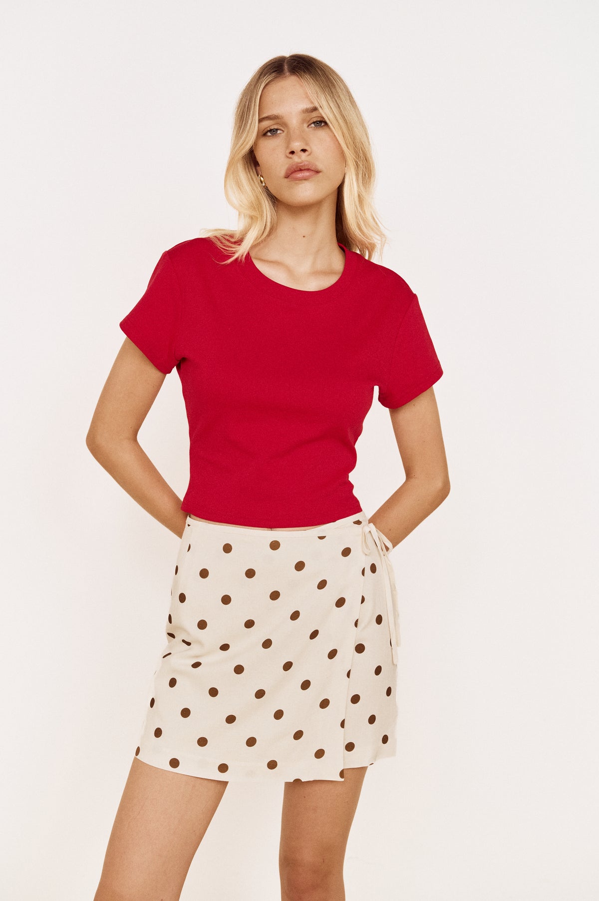 Minkpink ARIELLE WRAP MINI SKIRT in CREAM/CHOCOLATE SPOT