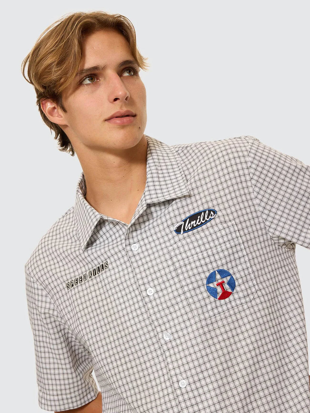 Thrills Co Super Charged Short Sleeve Cropped Check Work Shirt - White