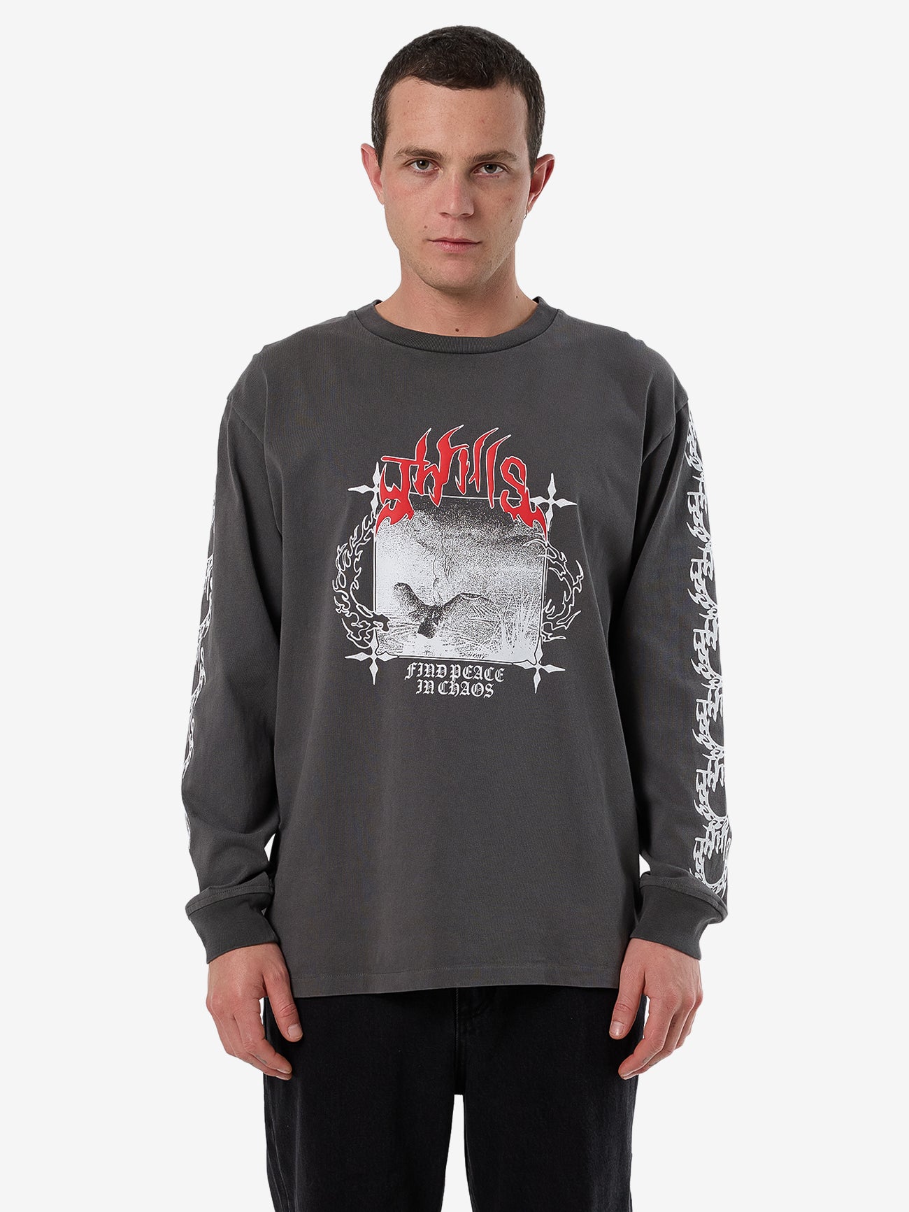 Thrills Peaceful Chaos Oversize Fit Long Sleeve Tee - Merch Black in Merch Black