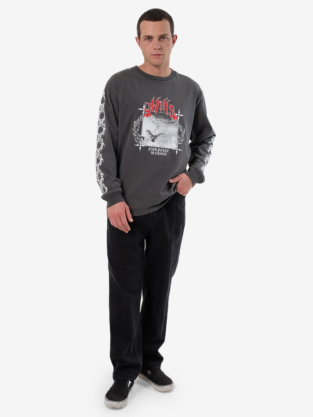 Thrills Peaceful Chaos Oversize Fit Long Sleeve Tee - Merch Black in Merch Black