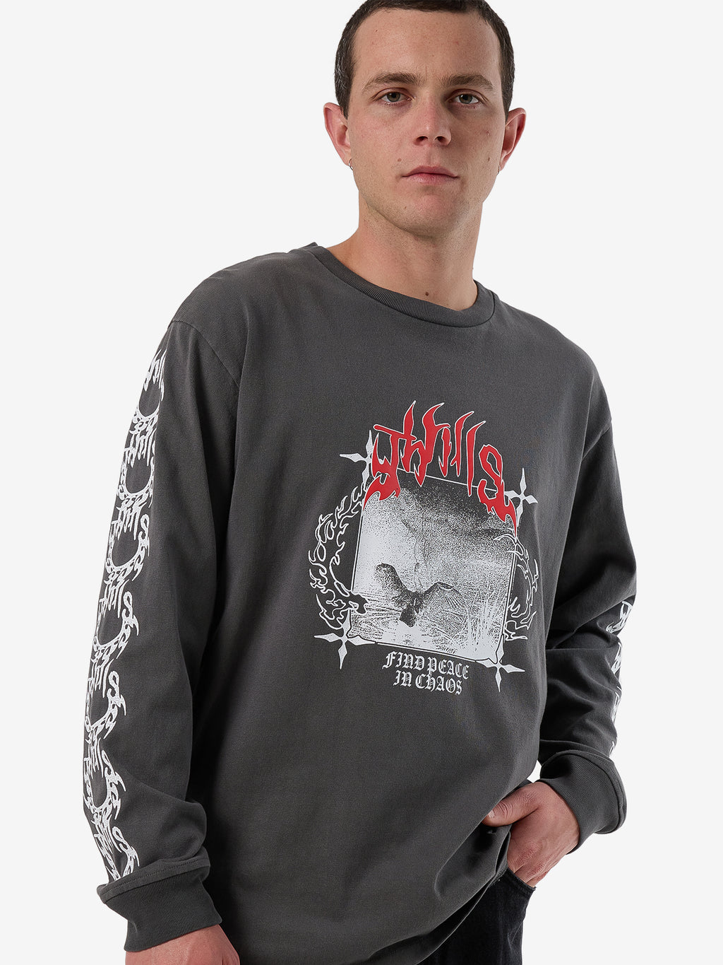 Thrills Peaceful Chaos Oversize Fit Long Sleeve Tee - Merch Black in Merch Black