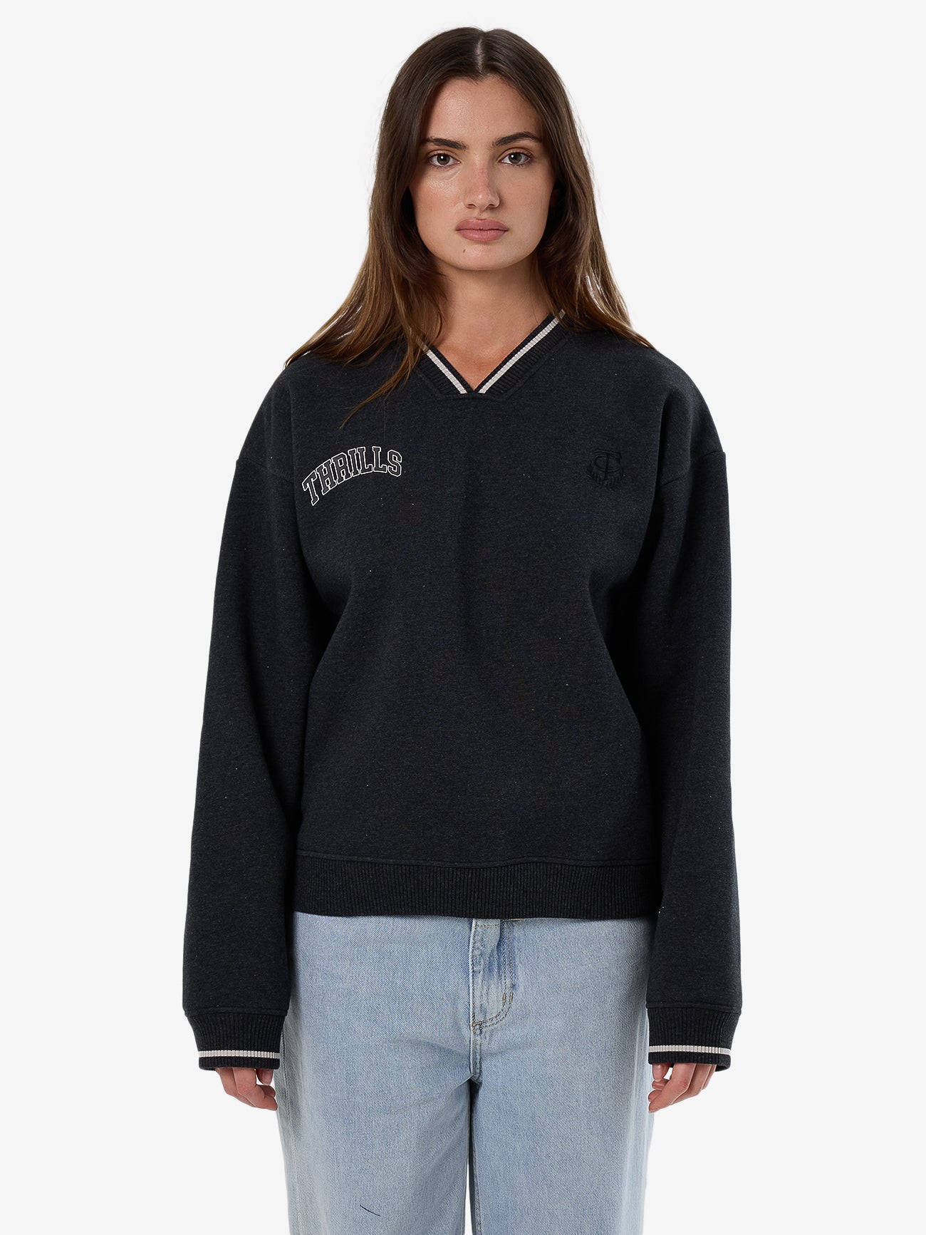 Thrills Legacy V Neck Fleece - Black Marle in Black Marle