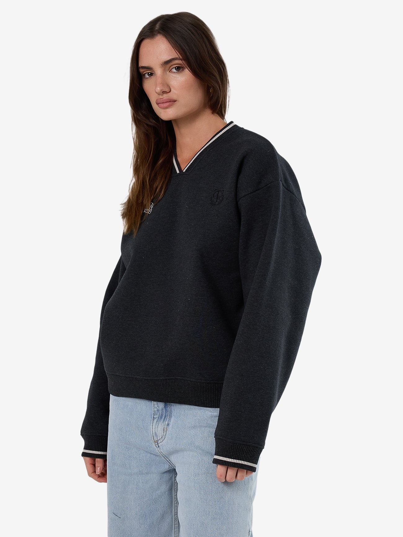 Thrills Legacy V Neck Fleece - Black Marle in Black Marle