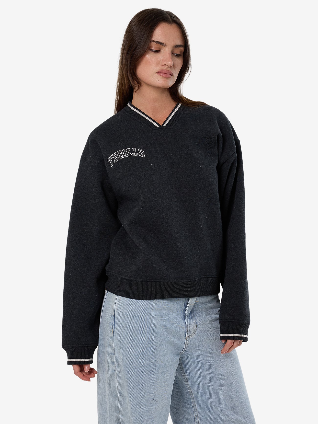 Thrills Legacy V Neck Fleece - Black Marle in Black Marle