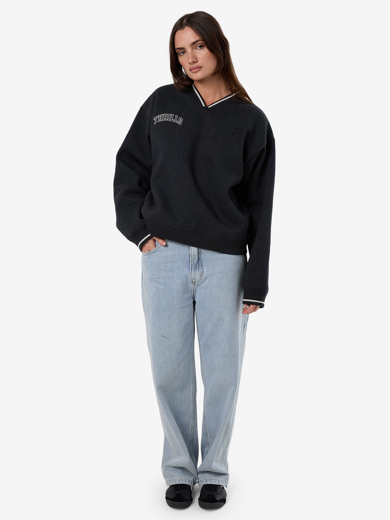 Thrills Legacy V Neck Fleece - Black Marle in Black Marle