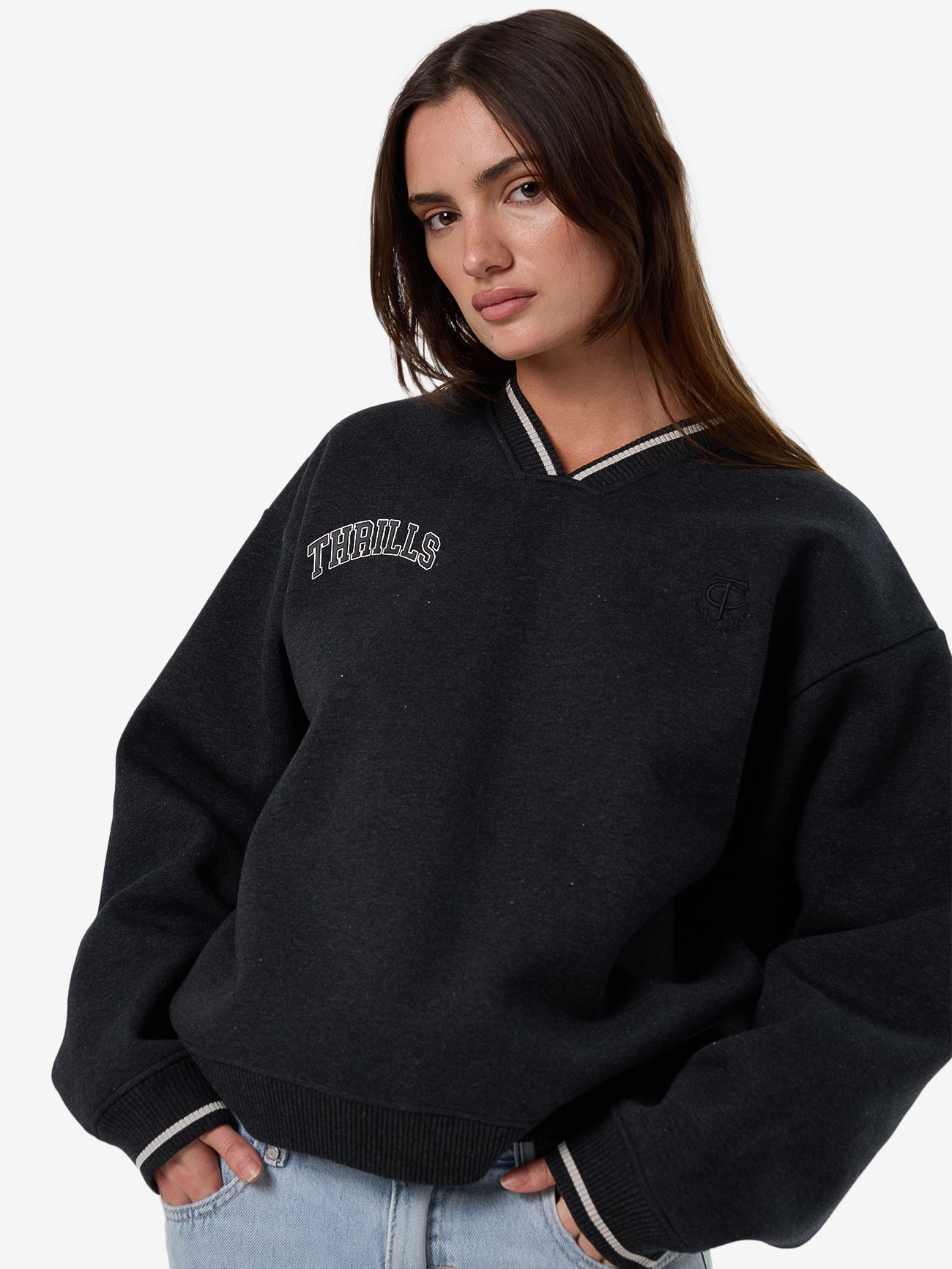 Thrills Legacy V Neck Fleece - Black Marle in Black Marle