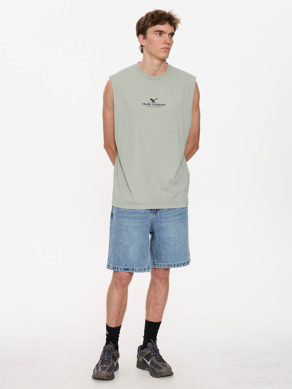 Thrills Co A Haven For The Restless Merch Fit Muscle Tee - Dirty Sage in Dirty Sage