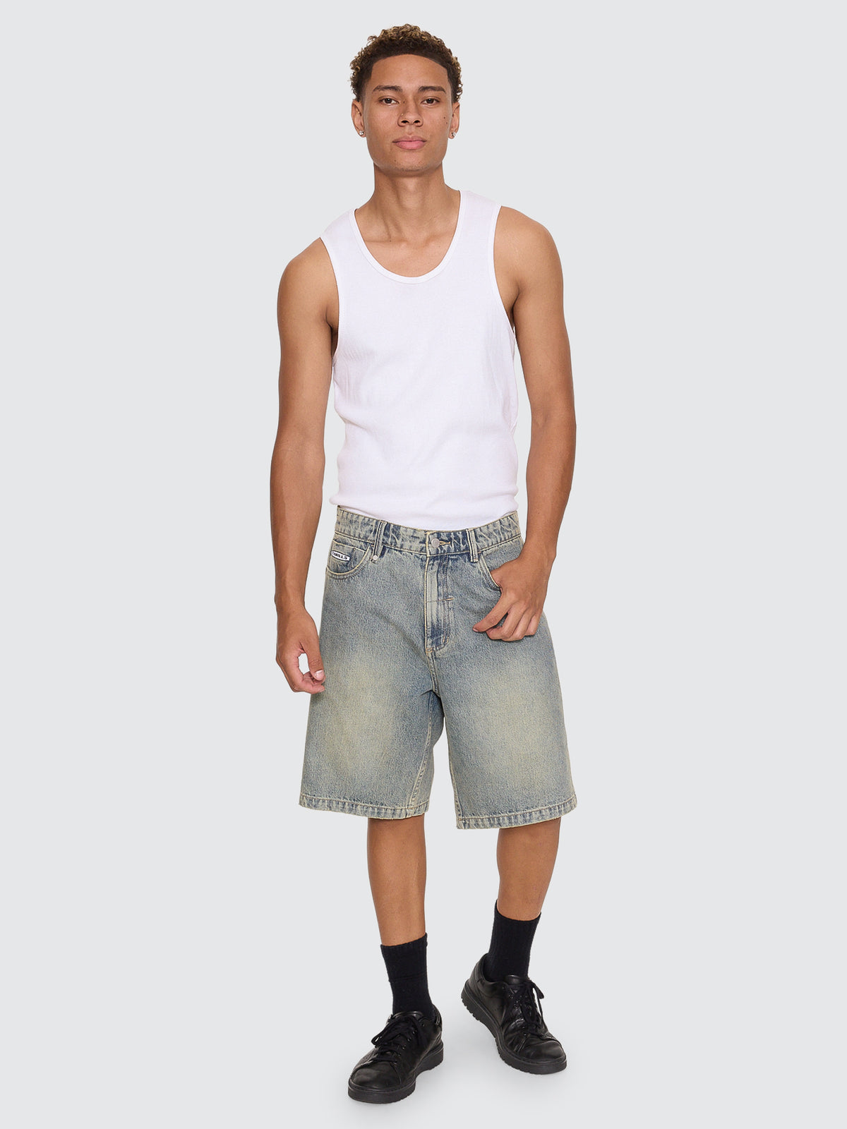 Thrills Co Filtered Mid Slacker Relaxed Long Denim Short - Granite Green Tint in Granite Green Tint