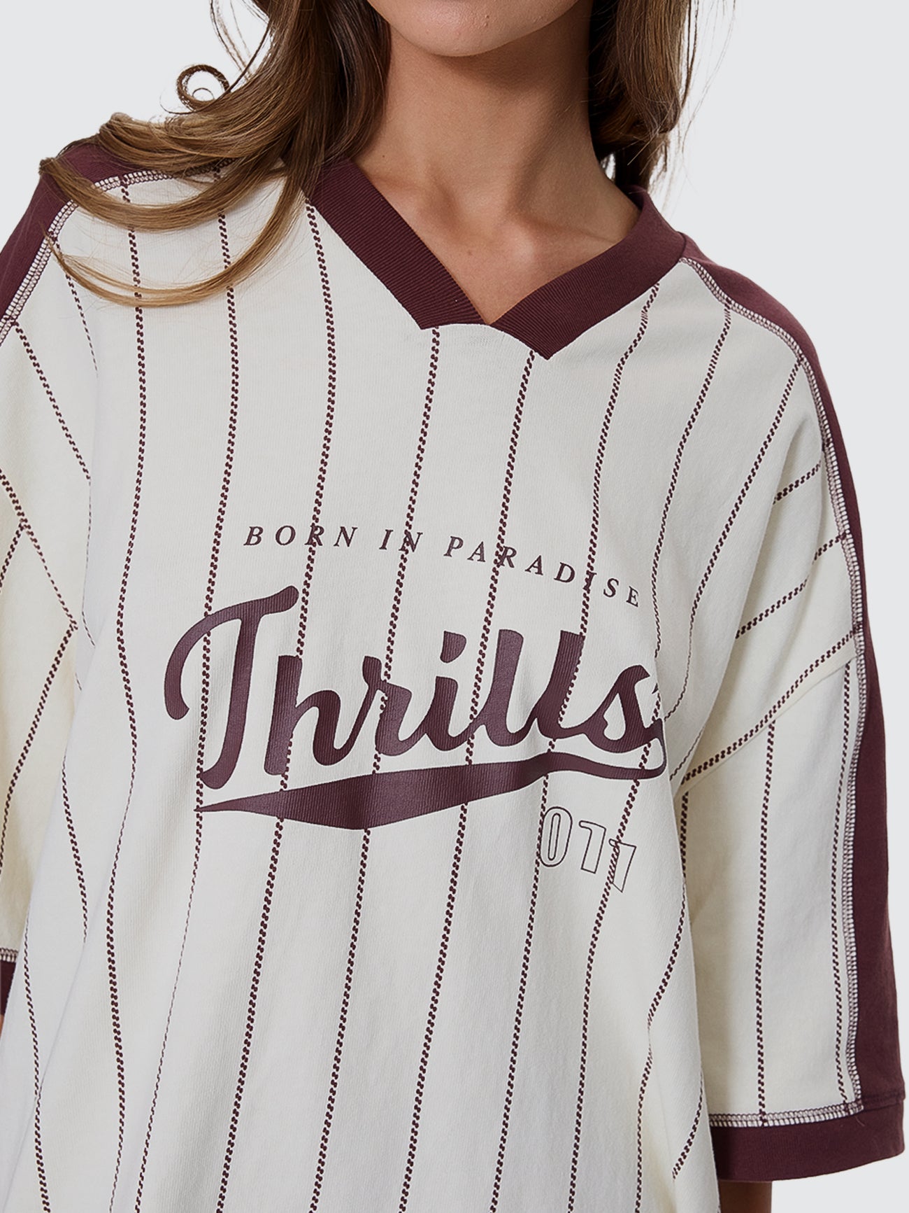 Thrills Co Baseline Stripe V-Neck Oversized Tee - Butter Cream in Butter Cream