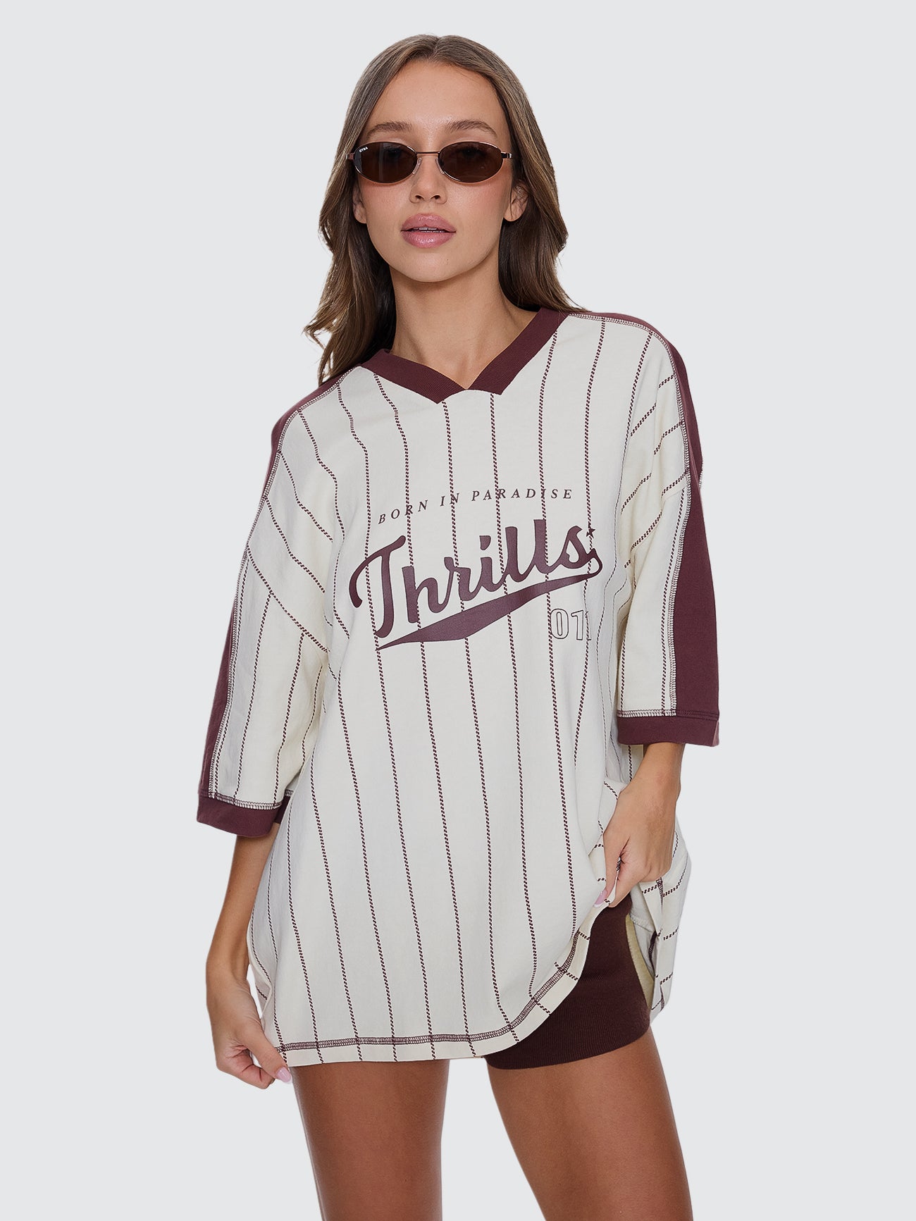 Thrills Co Baseline Stripe V-Neck Oversized Tee - Butter Cream in Butter Cream