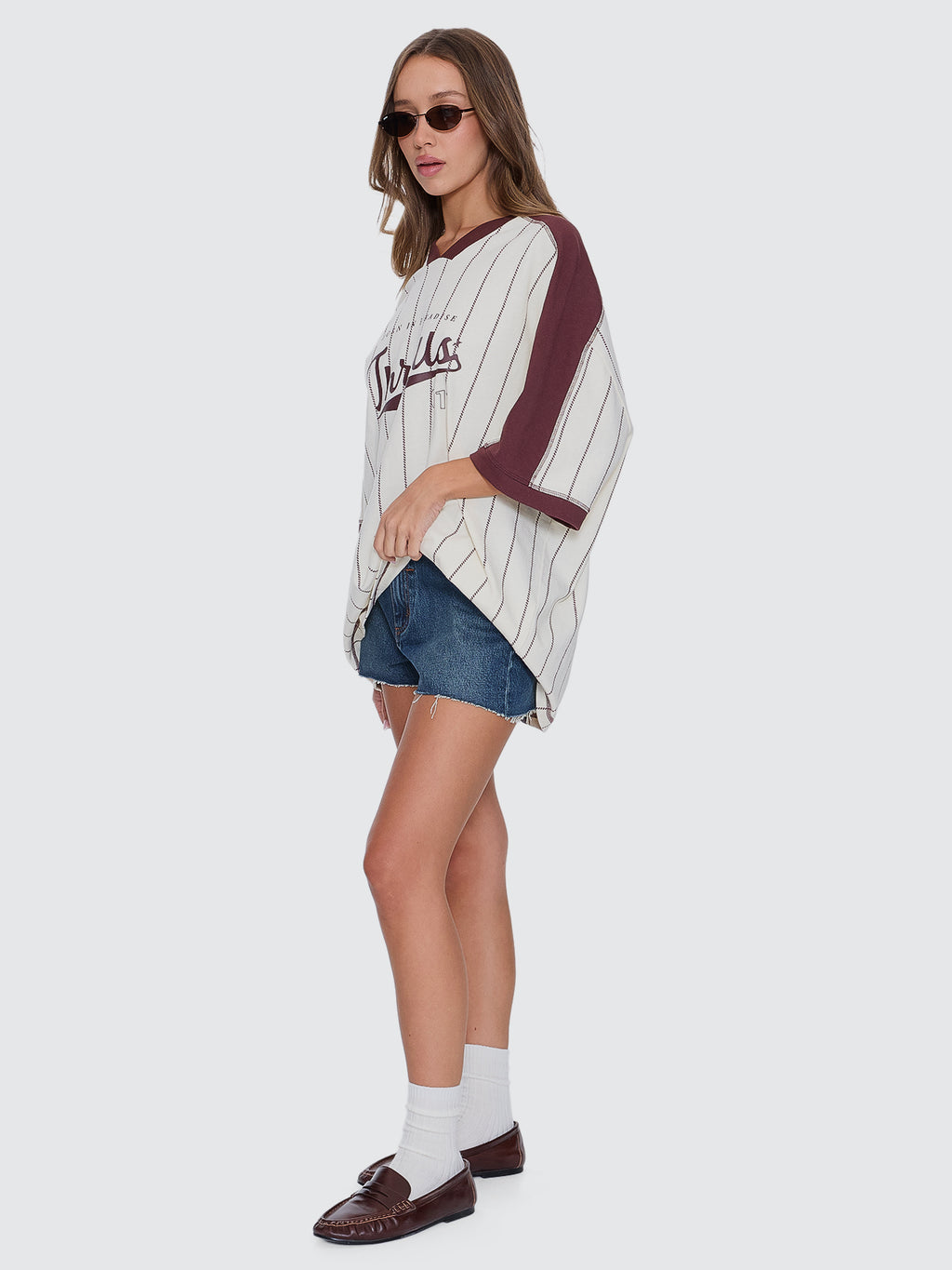 Thrills Co Baseline Stripe V-Neck Oversized Tee - Butter Cream in Butter Cream