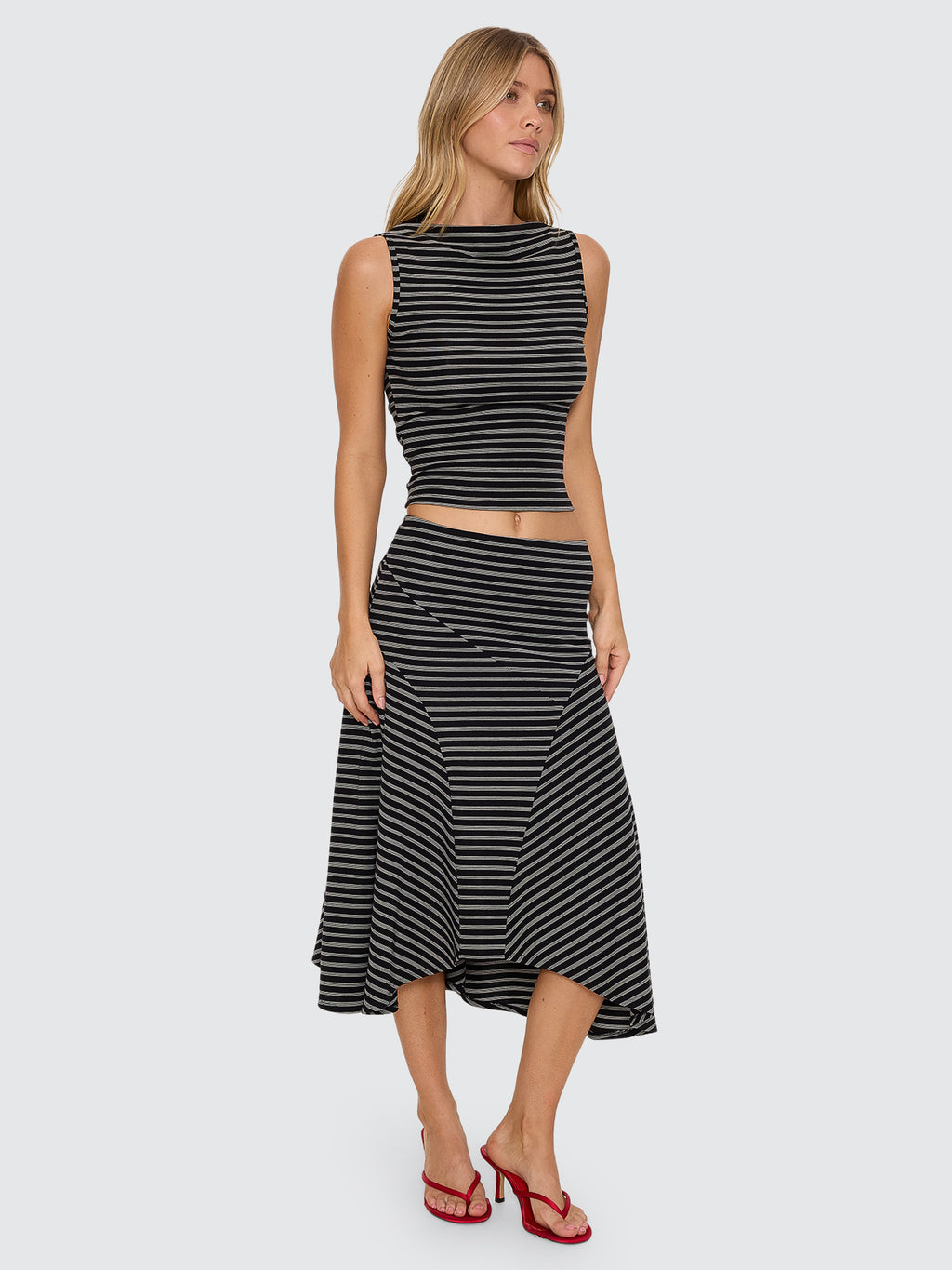 Thrills Co Best Of Luck Sienna Midi Skirt - Black Cream Stripe in Black Cream Stripe