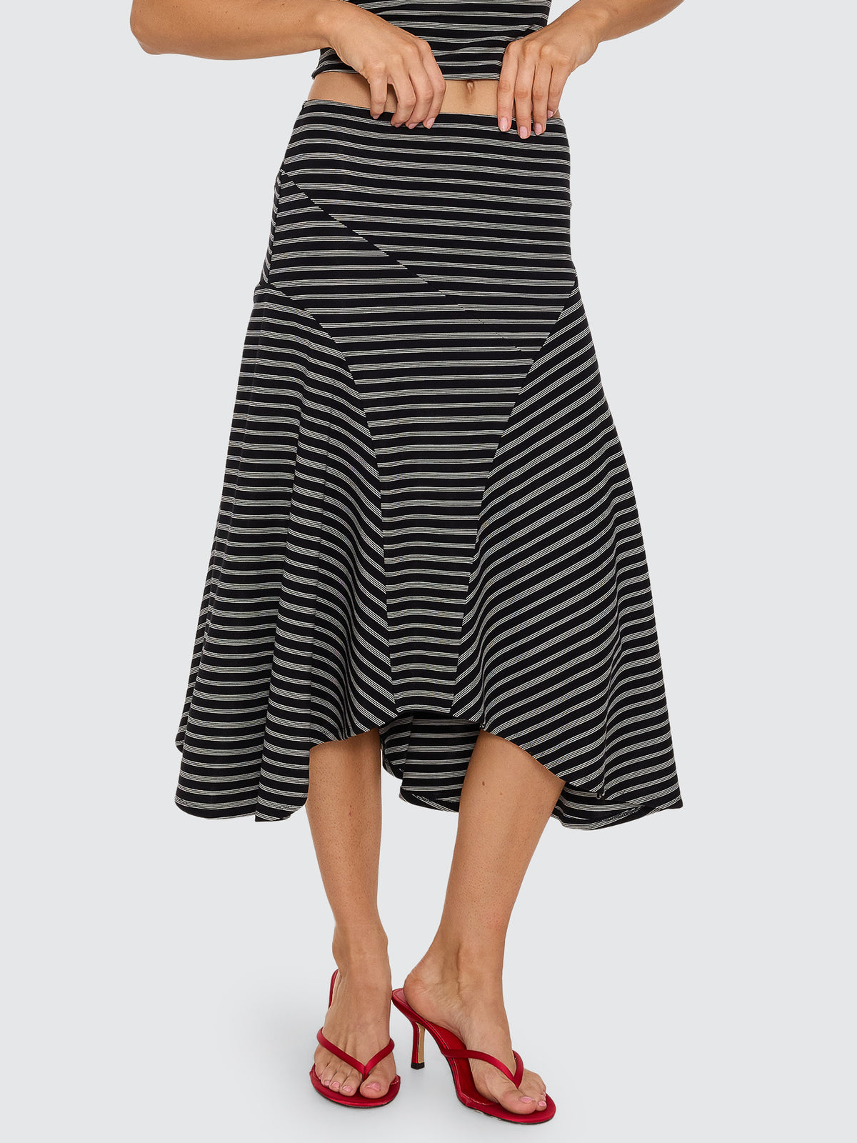 Thrills Co Best Of Luck Sienna Midi Skirt - Black Cream Stripe in Black Cream Stripe