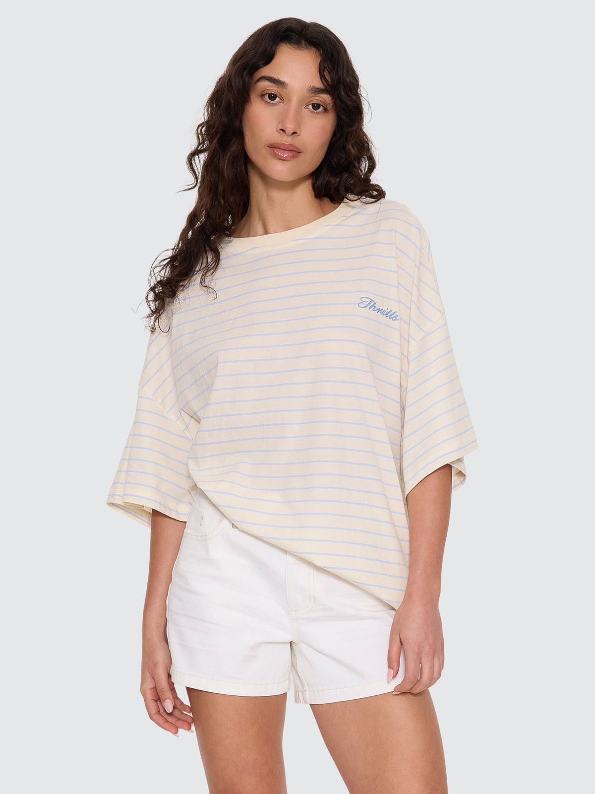 Thrills Co Coastal Slouch Tee - Placid Blue Stripe in Placid Blue Stripe