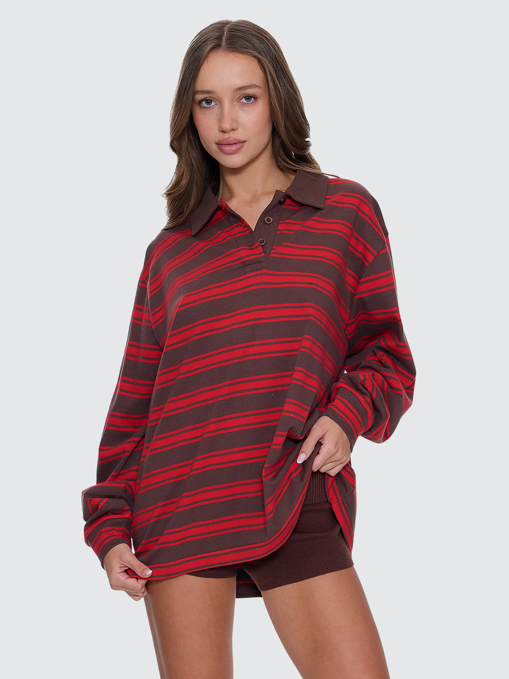 Thrills Co Conditions Apply Stripe Long Sleeve Polo - Bitter Chocolate in Bitter Chocolate