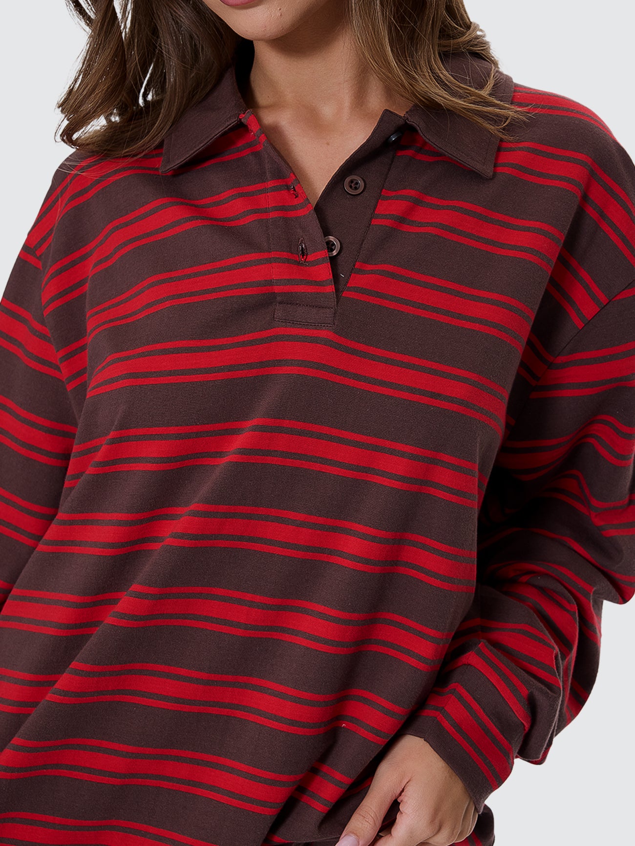 Thrills Co Conditions Apply Stripe Long Sleeve Polo - Bitter Chocolate in Bitter Chocolate