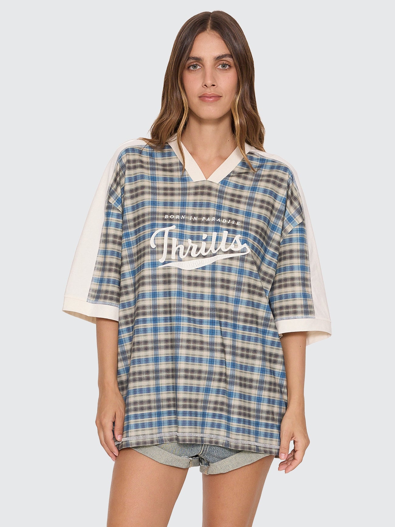 Thrills Co Desert Reverb V Neck Oversized Tee - Dusty Blue in Dusty Blue