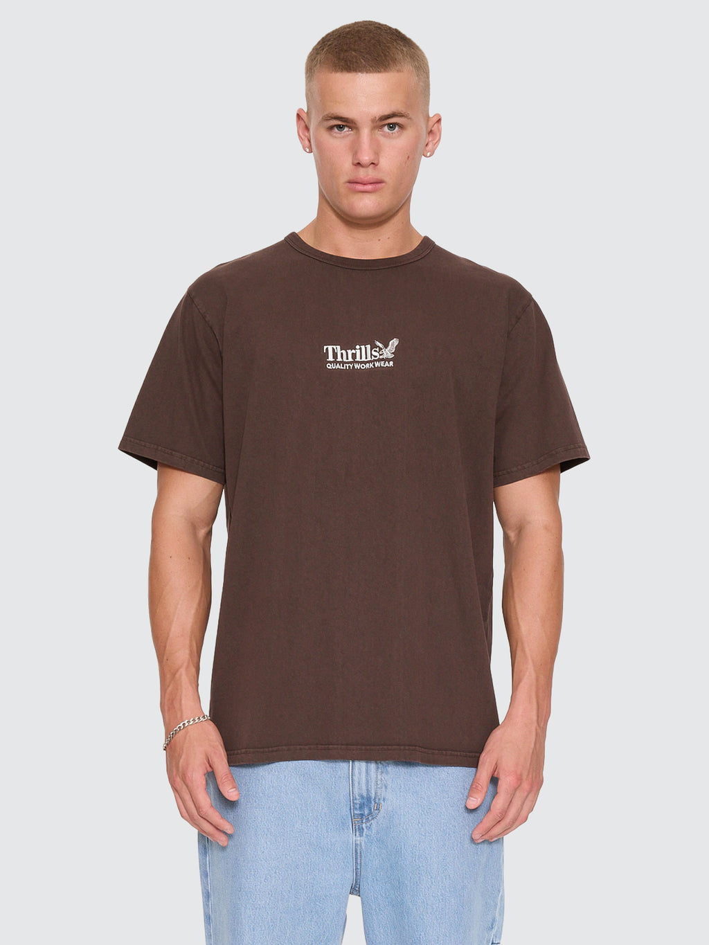 Thrills Co Thrills Workwear Embro Merch Tee - Postal Brown in Postal Brown