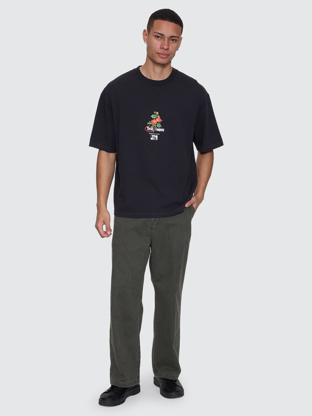 Thrills Co Everything Here Now Box Fit Oversize Cropped Tee - Faded Black in Faded Black