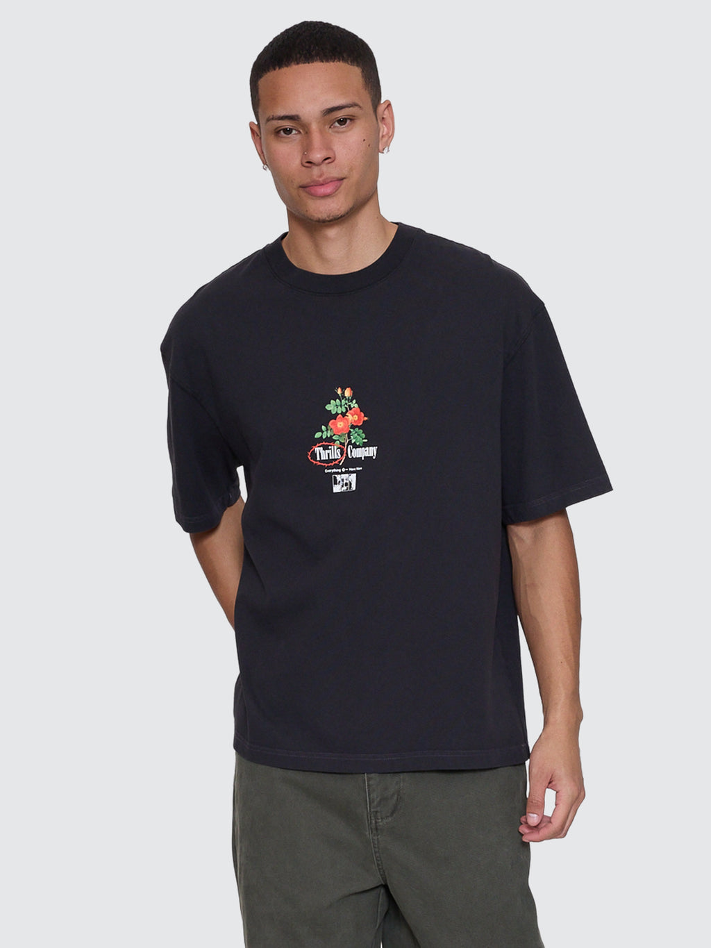 Thrills Co Everything Here Now Box Fit Oversize Cropped Tee - Faded Black in Faded Black