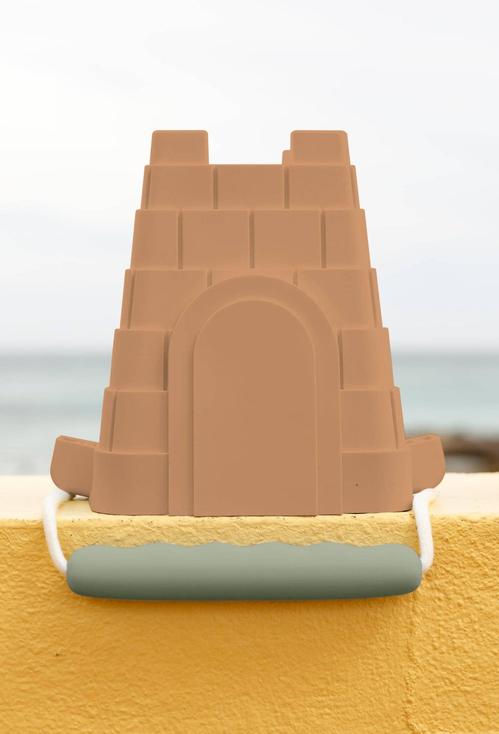 Coast Kids Silicone Beach Bucket - Clovelly Castle in tan with sage handle