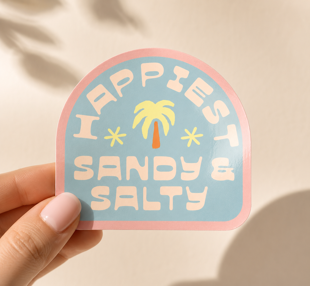 Beach sticker | Surf shop sticker | Happiest sandy and salty