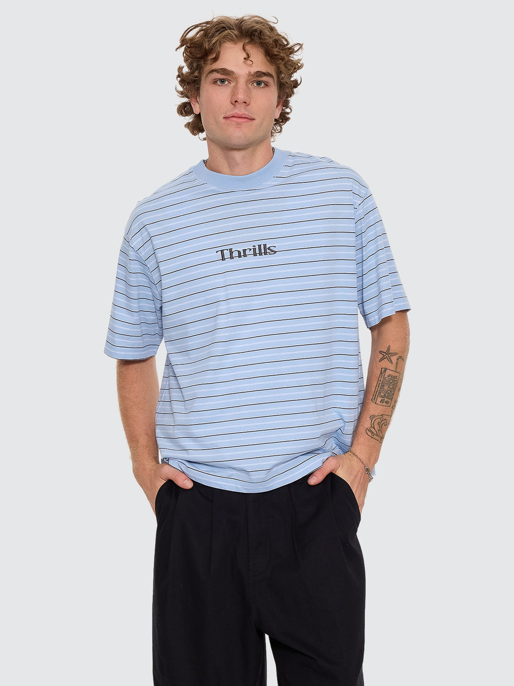 Thrills Co Flowers Of Tomorrow Stripe Box Crop Tee - Placid Blue in Placid Blue