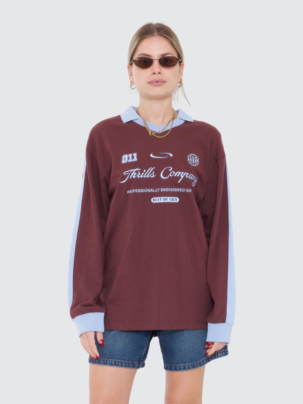 Thrills Co Game Day Polo Sweatshirt - Bitter Chocolate in Bitter Chocolate