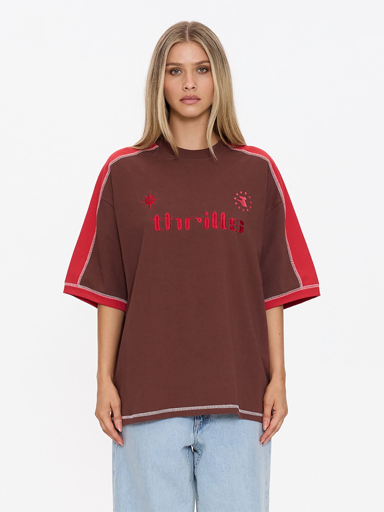 Thrills Co Hot Shot Panelled Oversized Tee - Acorn in Acorn