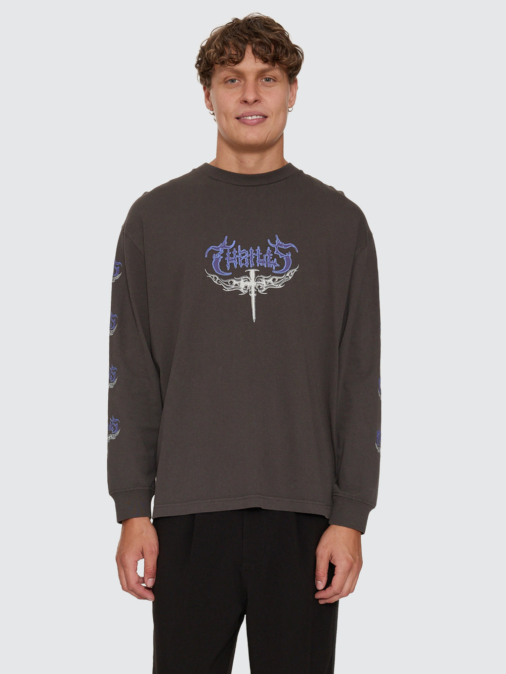 Thrills Co Into The Void Oversize Box Crop Long Sleeve Tee - Dark Merch Black in Dark Merch Black