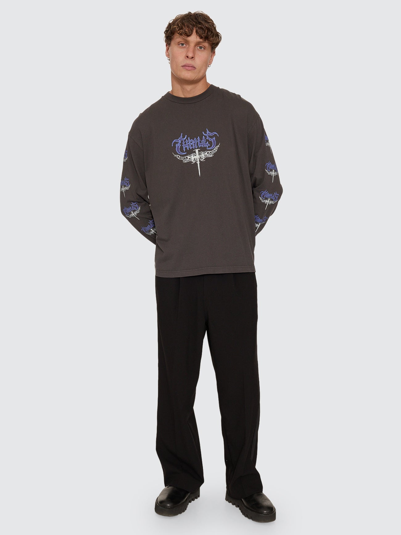 Thrills Co Into The Void Oversize Box Crop Long Sleeve Tee - Dark Merch Black in Dark Merch Black