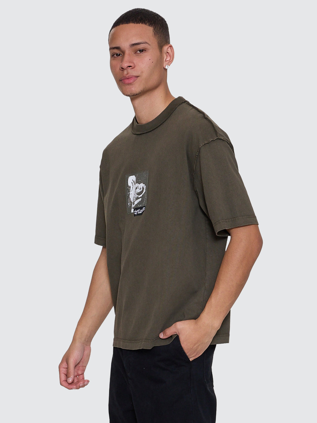 Thrills Co Rose Brigade Box Fit Oversize Cropped Tee - Olive Night in Olive Night