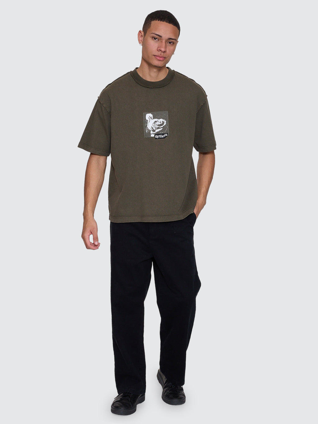 Thrills Co Rose Brigade Box Fit Oversize Cropped Tee - Olive Night in Olive Night