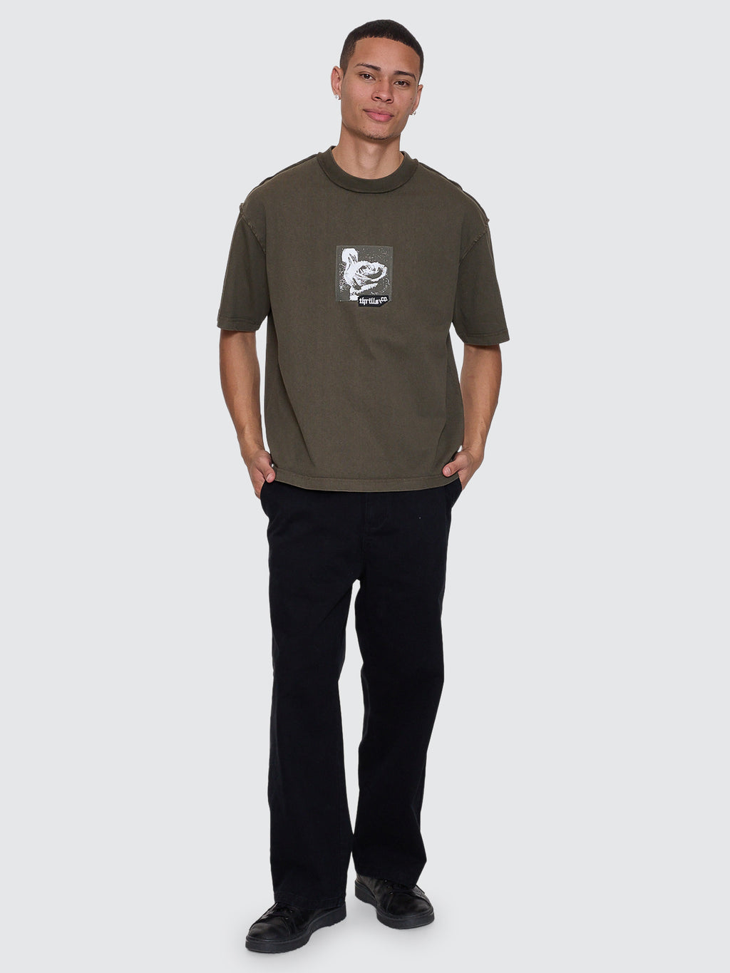 Thrills Co Rose Brigade Box Fit Oversize Cropped Tee - Olive Night in Olive Night