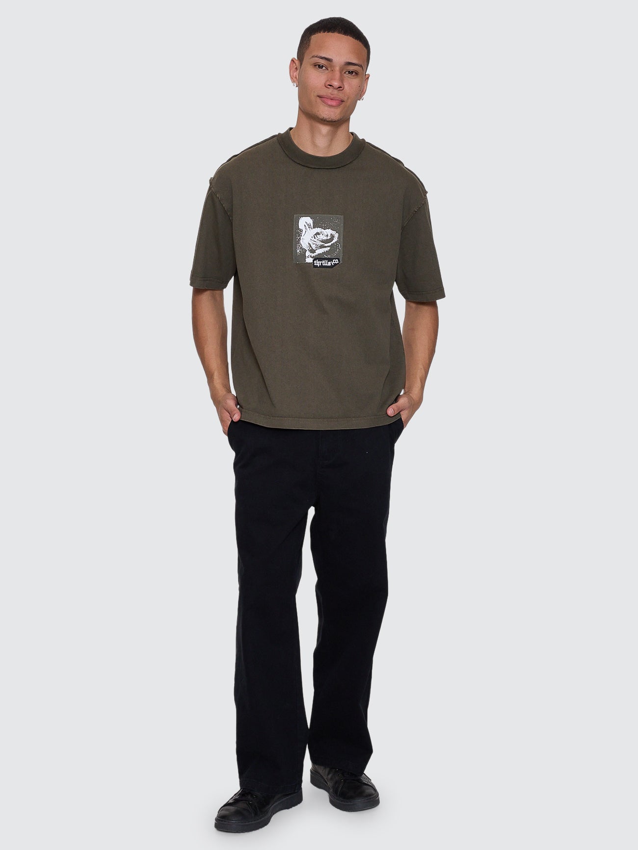 Thrills Co Rose Brigade Box Fit Oversize Cropped Tee - Olive Night in Olive Night